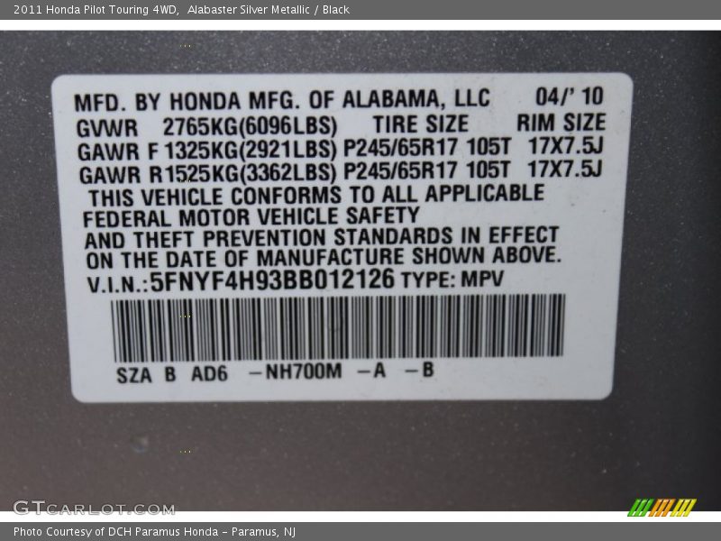 Alabaster Silver Metallic / Black 2011 Honda Pilot Touring 4WD