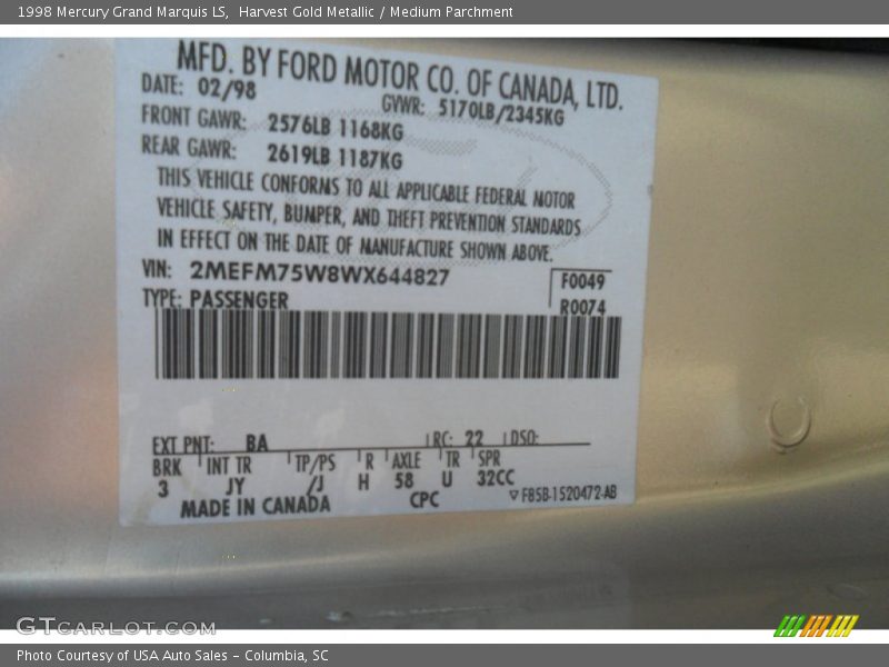 Harvest Gold Metallic / Medium Parchment 1998 Mercury Grand Marquis LS