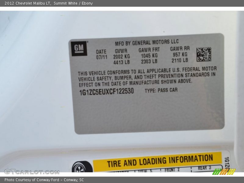 Summit White / Ebony 2012 Chevrolet Malibu LT