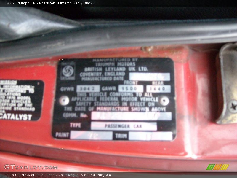 Info Tag of 1976 TR6 Roadster