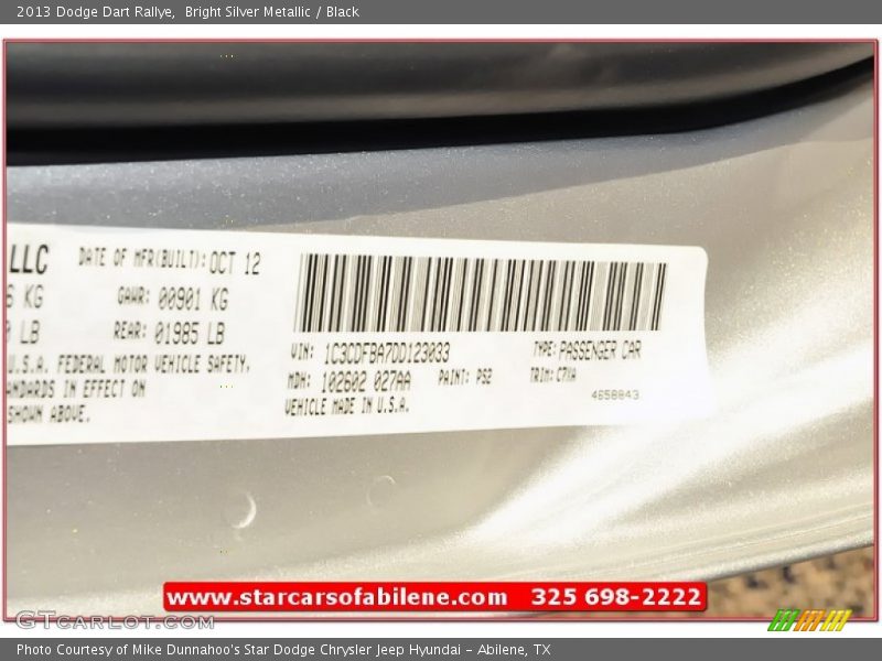 Bright Silver Metallic / Black 2013 Dodge Dart Rallye