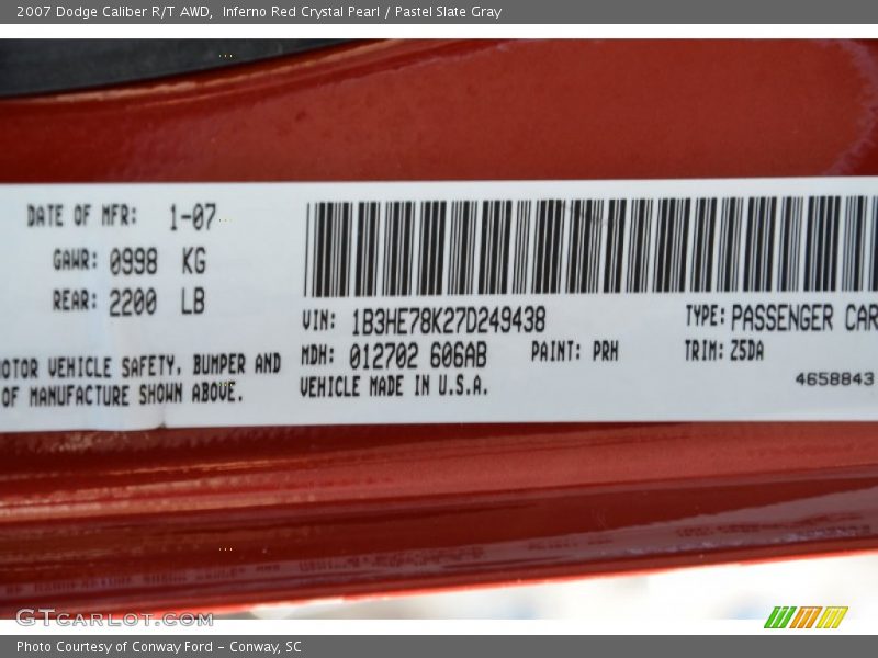 2007 Caliber R/T AWD Inferno Red Crystal Pearl Color Code PRH