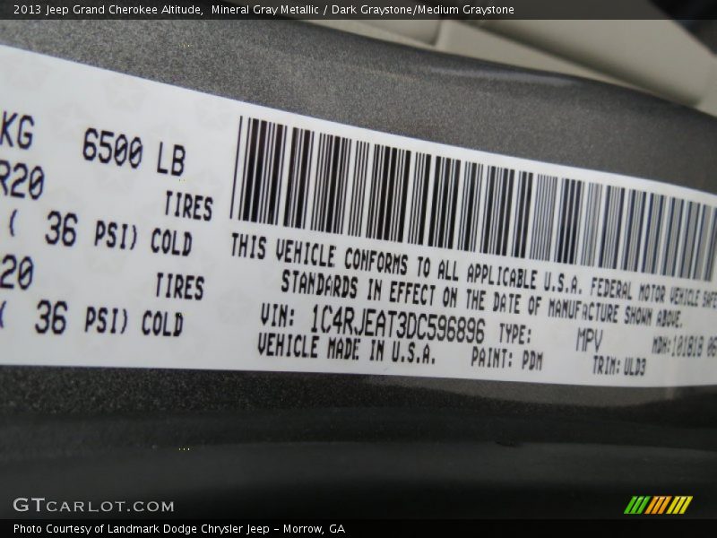 2013 Grand Cherokee Altitude Mineral Gray Metallic Color Code PDM