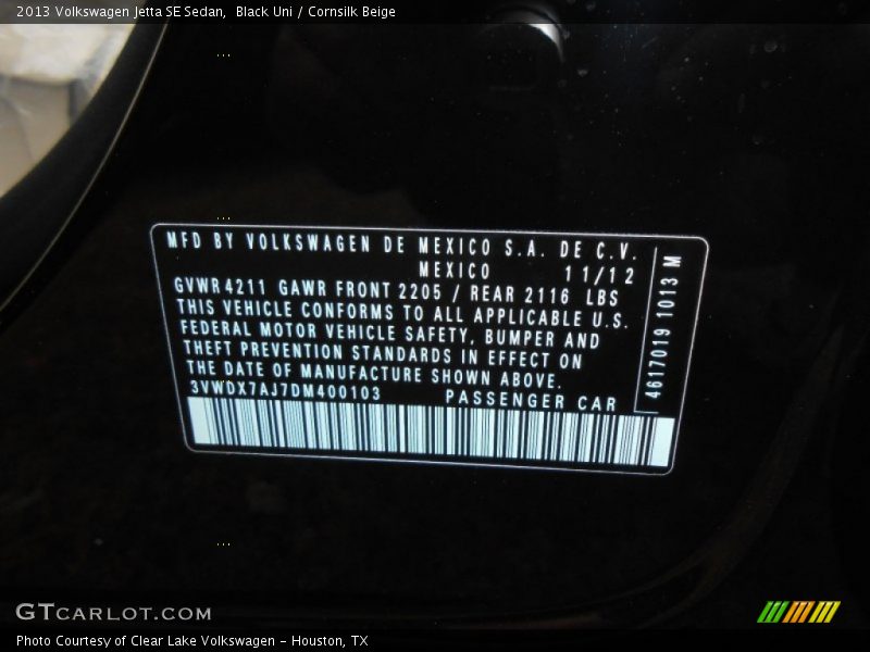 Black Uni / Cornsilk Beige 2013 Volkswagen Jetta SE Sedan