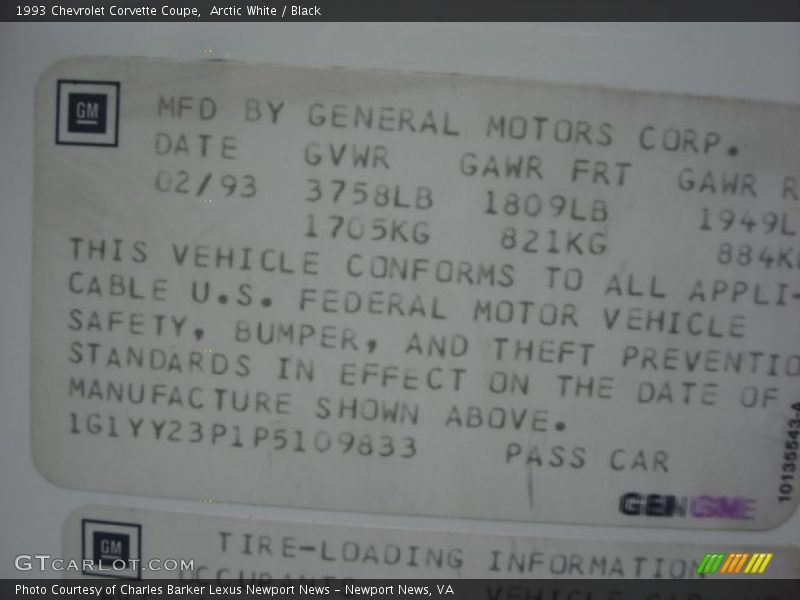 Info Tag of 1993 Corvette Coupe