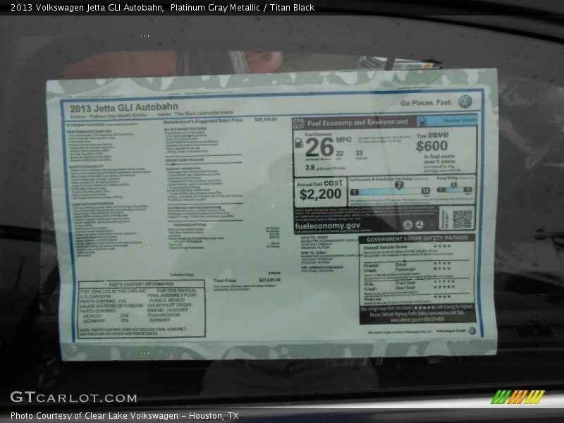  2013 Jetta GLI Autobahn Window Sticker