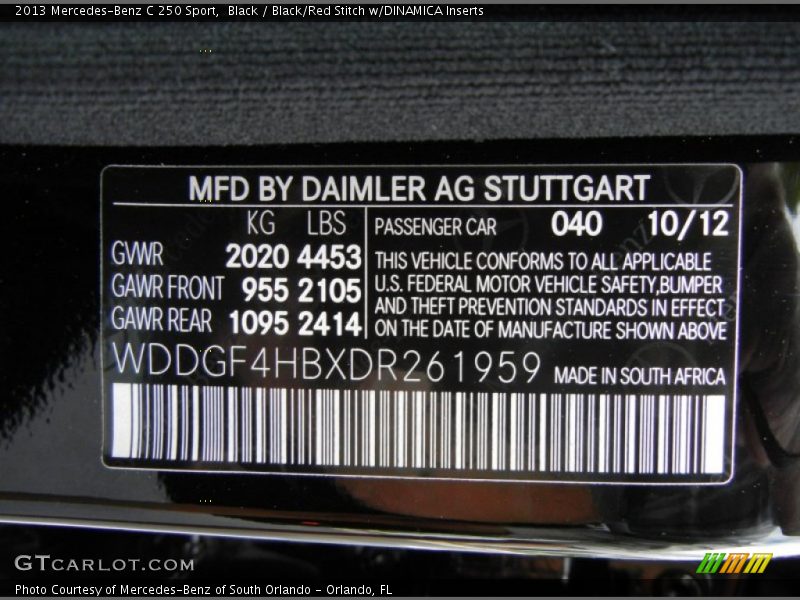 2013 C 250 Sport Black Color Code 040