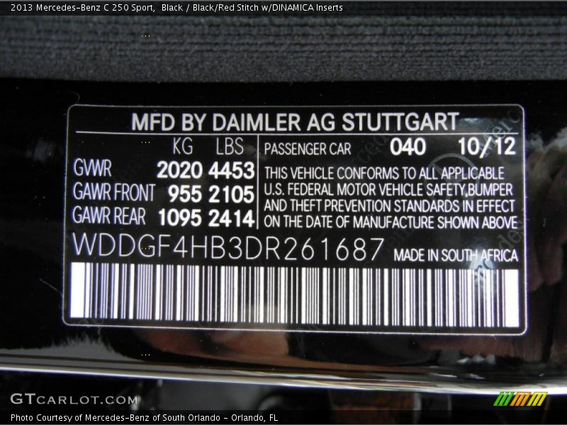 2013 C 250 Sport Black Color Code 040