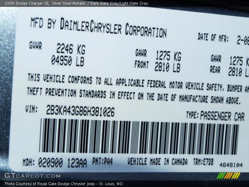 Silver Steel Metallic / Dark Slate Gray/Light Slate Gray 2006 Dodge Charger SE