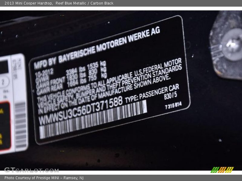 2013 Cooper Hardtop Reef Blue Metallic Color Code B30