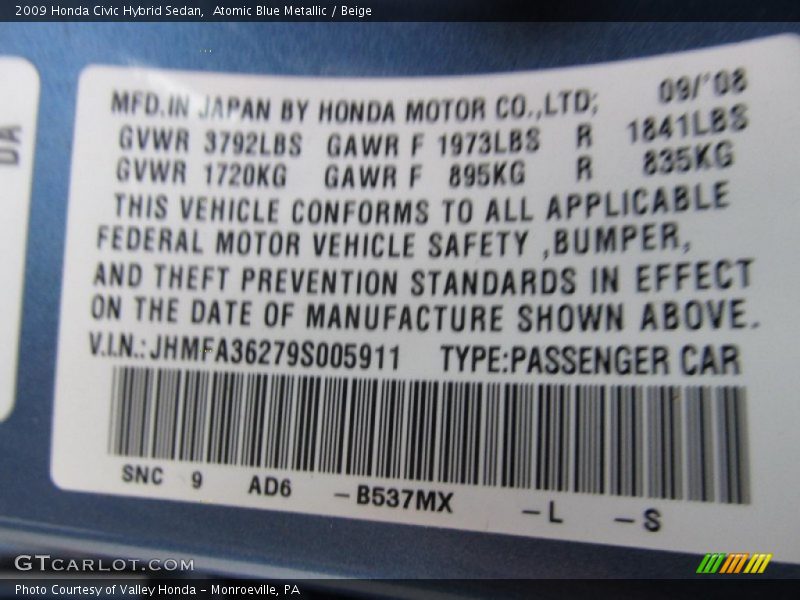 Atomic Blue Metallic / Beige 2009 Honda Civic Hybrid Sedan