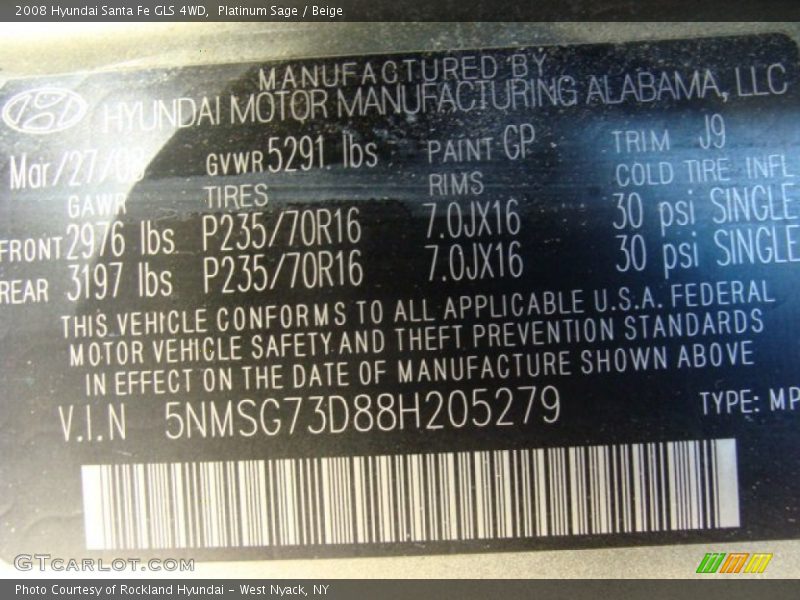 Platinum Sage / Beige 2008 Hyundai Santa Fe GLS 4WD