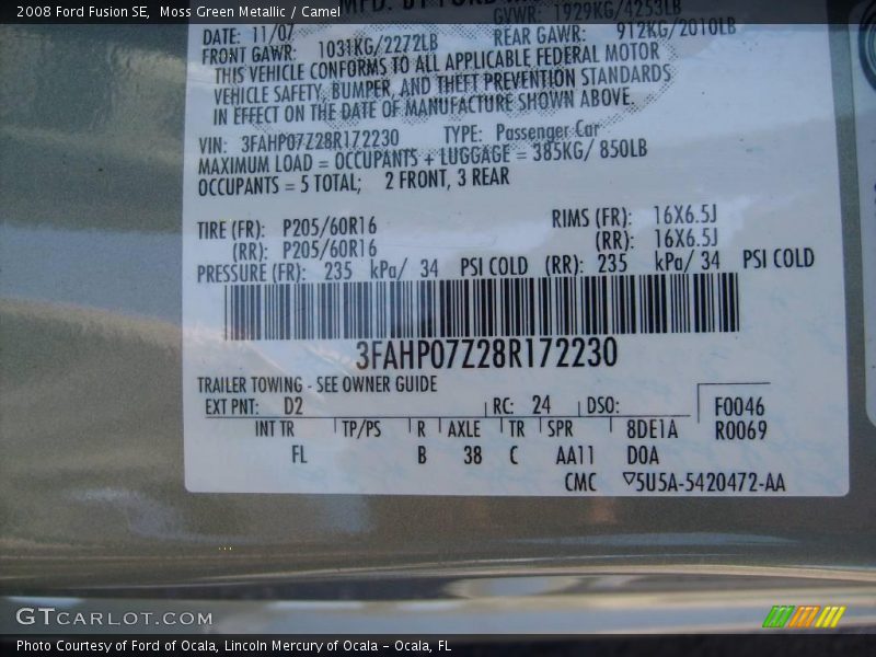 Moss Green Metallic / Camel 2008 Ford Fusion SE