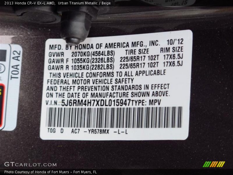 Urban Titanium Metallic / Beige 2013 Honda CR-V EX-L AWD