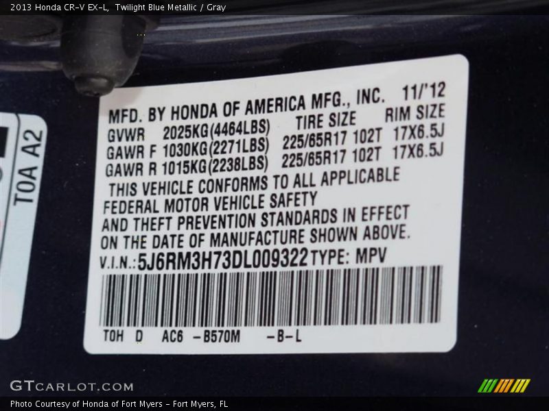 Twilight Blue Metallic / Gray 2013 Honda CR-V EX-L