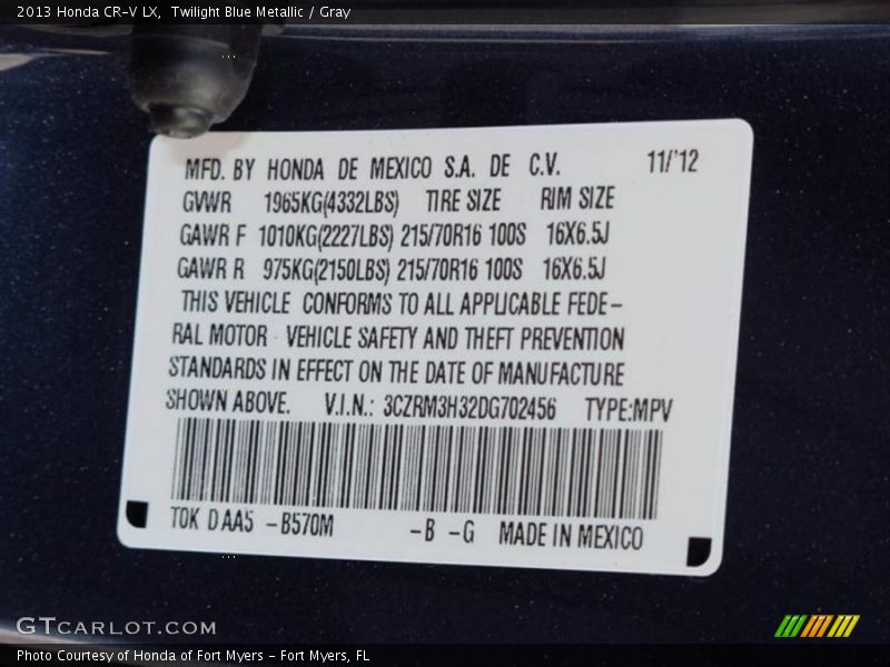 Twilight Blue Metallic / Gray 2013 Honda CR-V LX