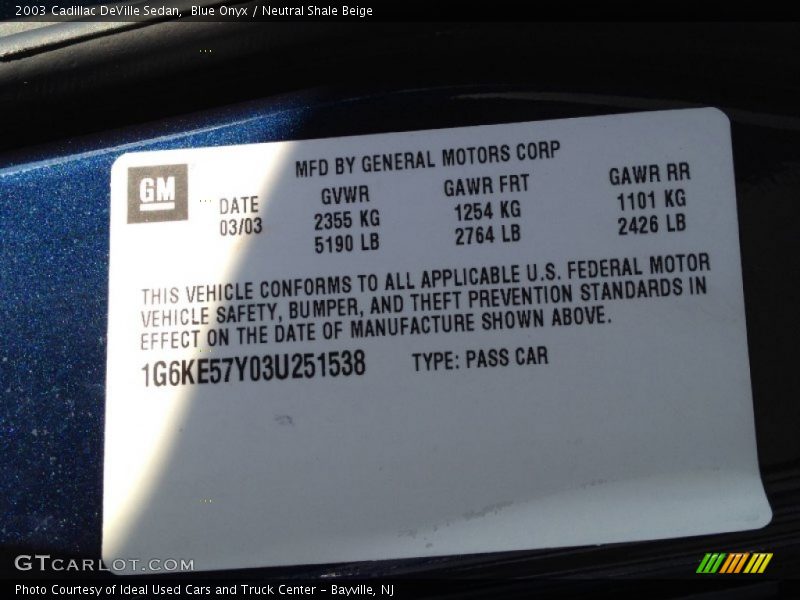 Blue Onyx / Neutral Shale Beige 2003 Cadillac DeVille Sedan