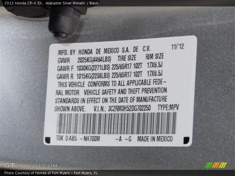 2013 CR-V EX Alabaster Silver Metallic Color Code NH700M