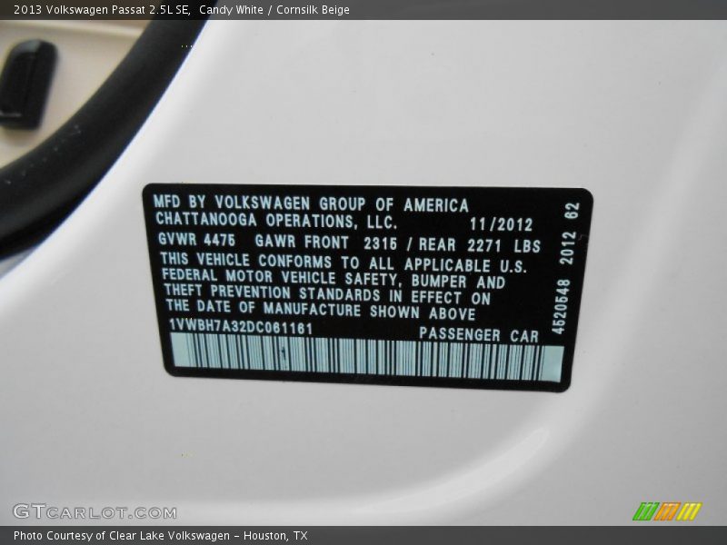 Candy White / Cornsilk Beige 2013 Volkswagen Passat 2.5L SE