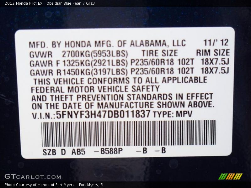 Obsidian Blue Pearl / Gray 2013 Honda Pilot EX