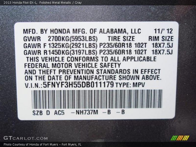 Polished Metal Metallic / Gray 2013 Honda Pilot EX-L
