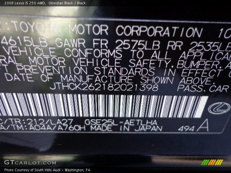 Obsidian Black / Black 2008 Lexus IS 250 AWD