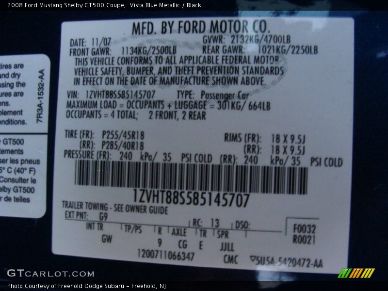 2008 Mustang Shelby GT500 Coupe Vista Blue Metallic Color Code G9