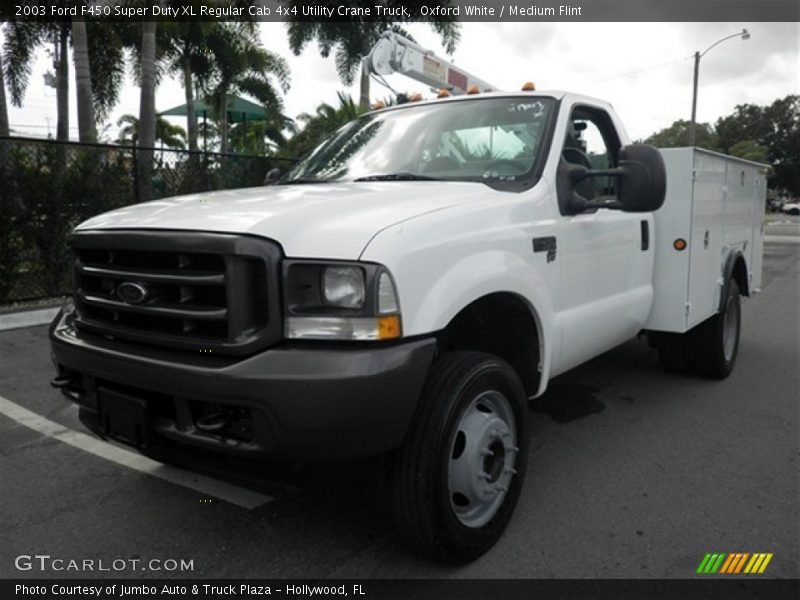 Front 3/4 View of 2003 F450 Super Duty XL Regular Cab 4x4 Utility Crane Truck