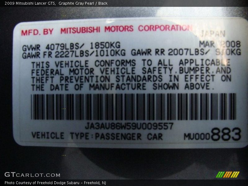 Graphite Gray Pearl / Black 2009 Mitsubishi Lancer GTS