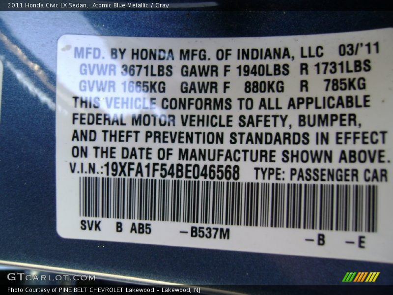 Atomic Blue Metallic / Gray 2011 Honda Civic LX Sedan