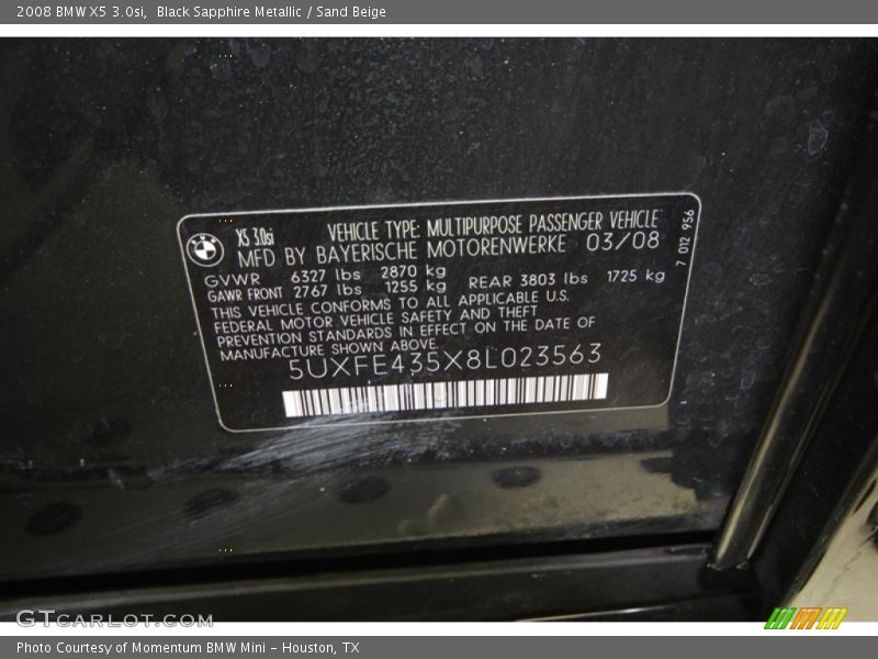 Black Sapphire Metallic / Sand Beige 2008 BMW X5 3.0si