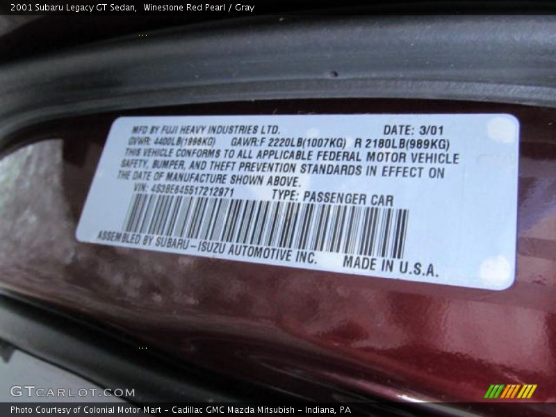 Winestone Red Pearl / Gray 2001 Subaru Legacy GT Sedan