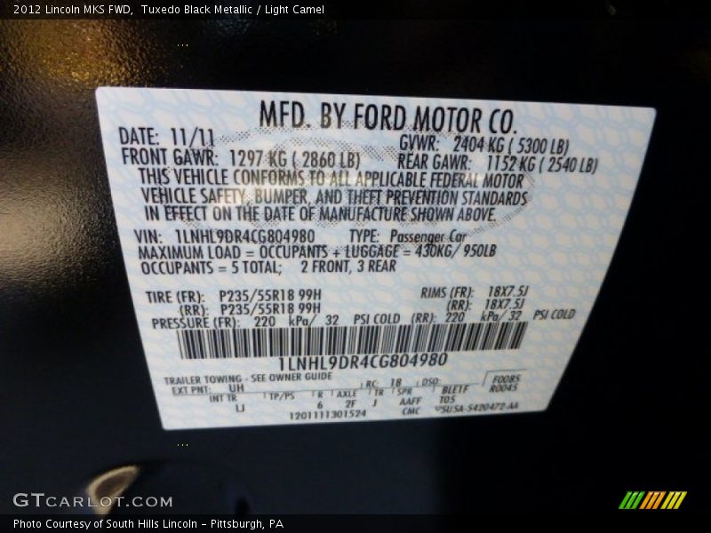 2012 MKS FWD Tuxedo Black Metallic Color Code UH
