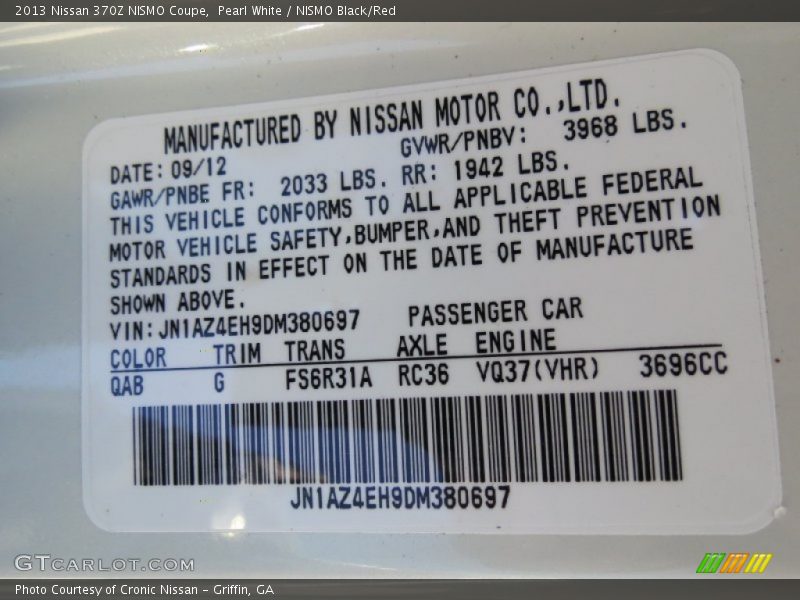 2013 370Z NISMO Coupe Pearl White Color Code QAB
