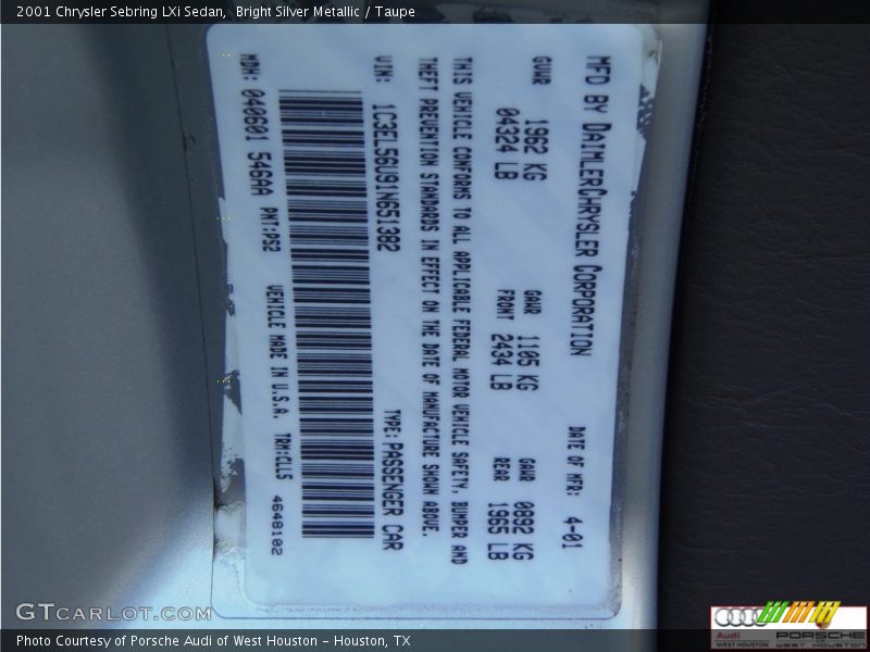 Bright Silver Metallic / Taupe 2001 Chrysler Sebring LXi Sedan