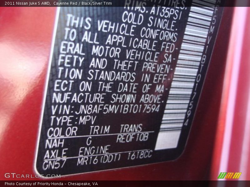 Cayenne Red / Black/Silver Trim 2011 Nissan Juke S AWD