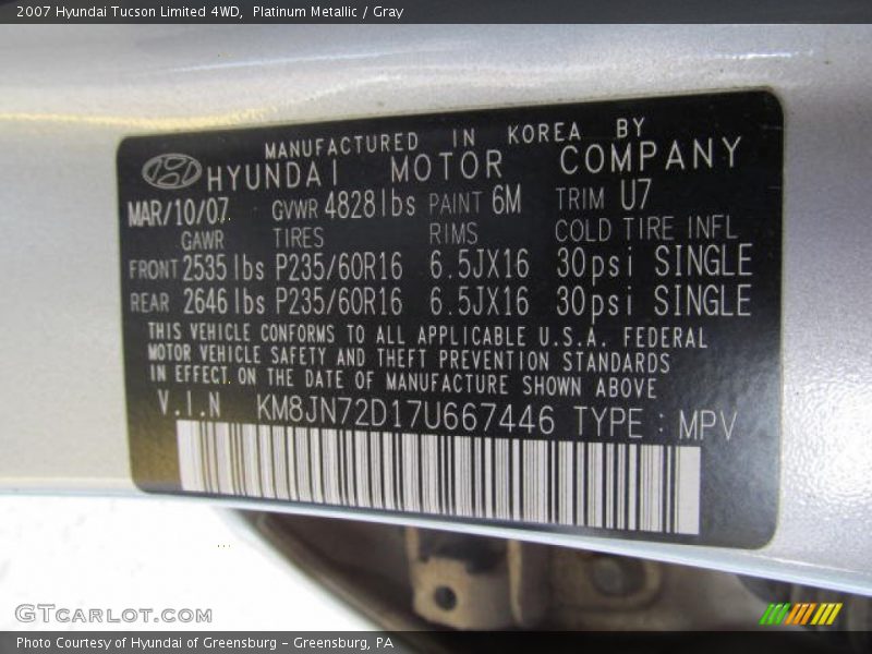 2007 Tucson Limited 4WD Platinum Metallic Color Code 6M