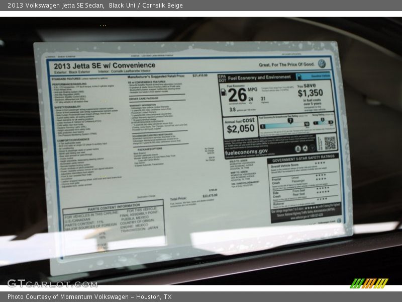 Black Uni / Cornsilk Beige 2013 Volkswagen Jetta SE Sedan