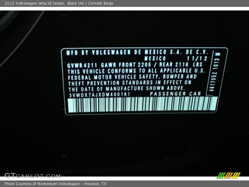 Black Uni / Cornsilk Beige 2013 Volkswagen Jetta SE Sedan