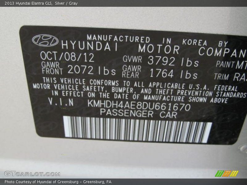 Silver / Gray 2013 Hyundai Elantra GLS