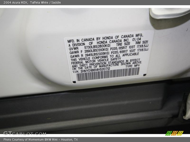 Taffeta White / Saddle 2004 Acura MDX
