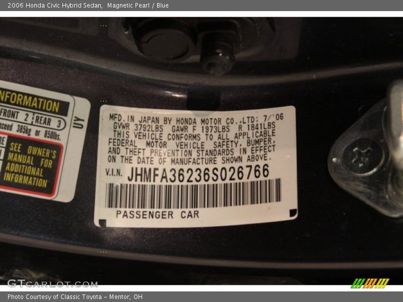 Magnetic Pearl / Blue 2006 Honda Civic Hybrid Sedan