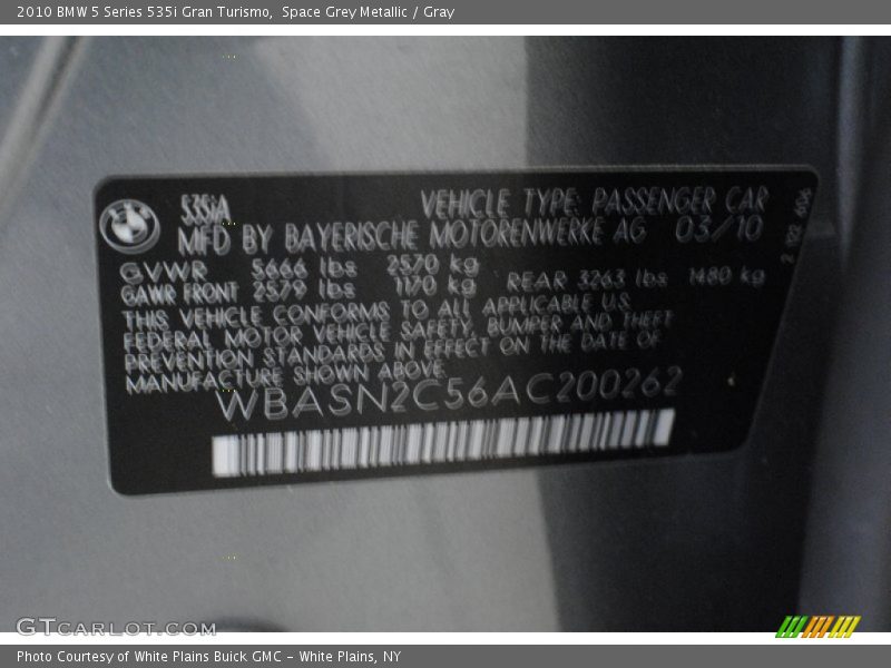 Space Grey Metallic / Gray 2010 BMW 5 Series 535i Gran Turismo