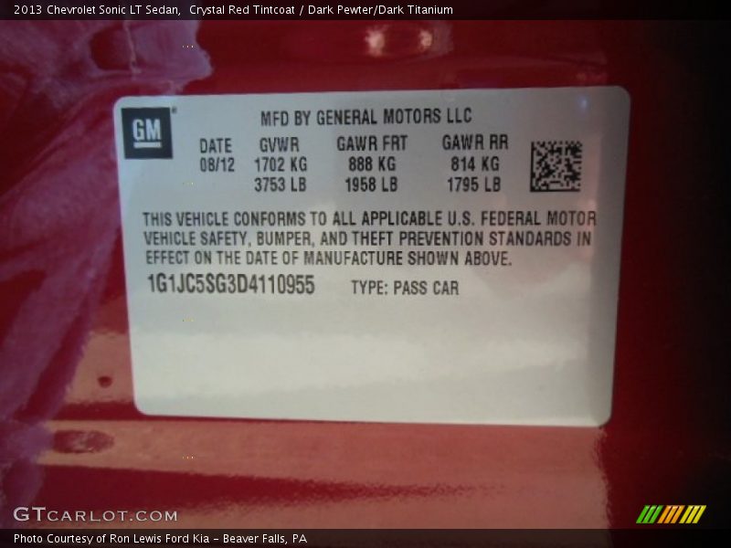 Crystal Red Tintcoat / Dark Pewter/Dark Titanium 2013 Chevrolet Sonic LT Sedan