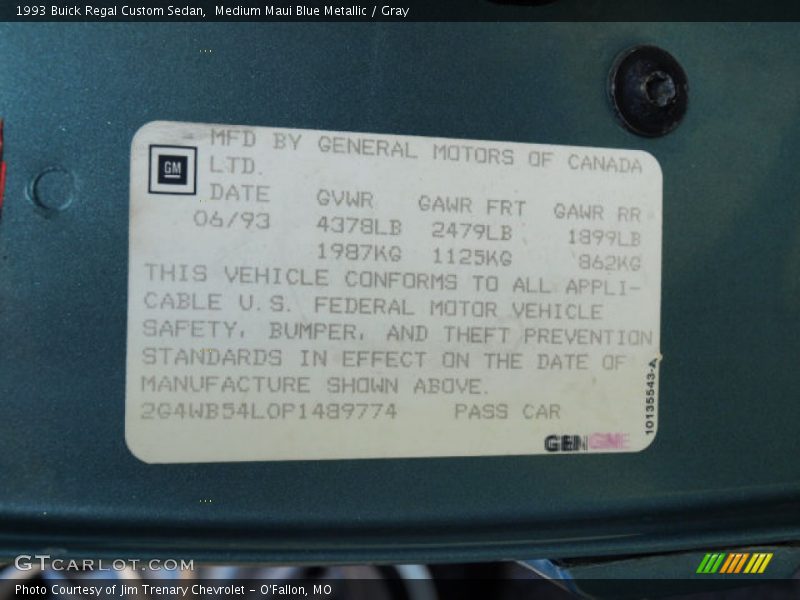 Info Tag of 1993 Regal Custom Sedan