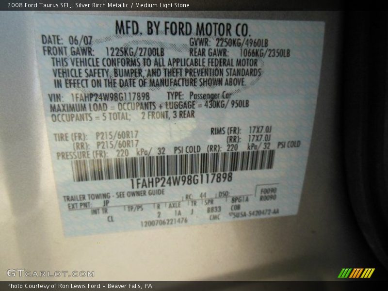 Silver Birch Metallic / Medium Light Stone 2008 Ford Taurus SEL