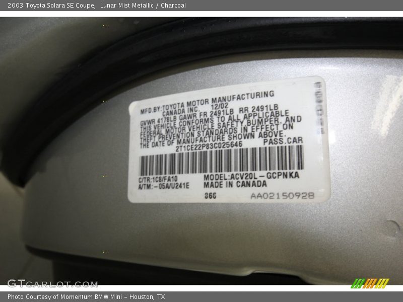 Lunar Mist Metallic / Charcoal 2003 Toyota Solara SE Coupe