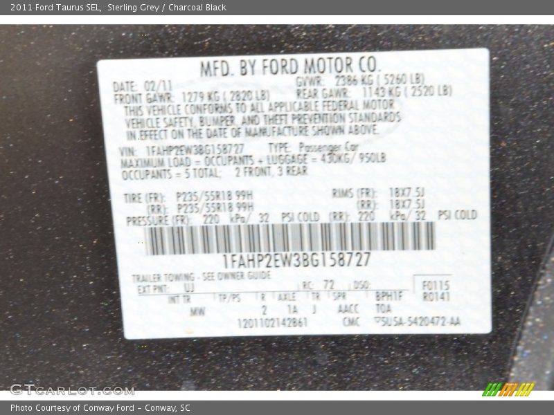 Sterling Grey / Charcoal Black 2011 Ford Taurus SEL