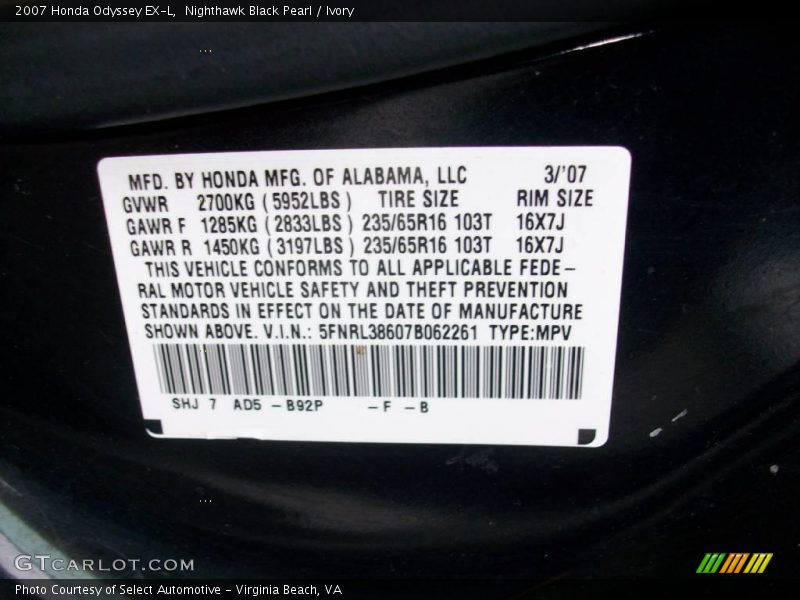 Nighthawk Black Pearl / Ivory 2007 Honda Odyssey EX-L