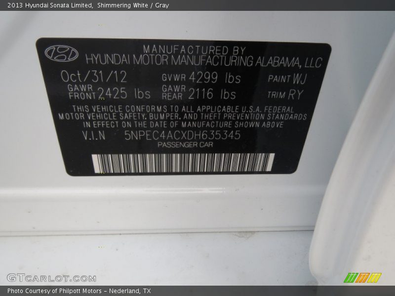 Shimmering White / Gray 2013 Hyundai Sonata Limited